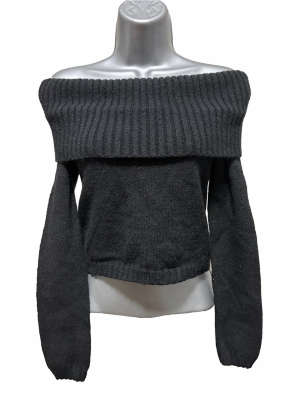 Edikted Off-Shoulder Foldover Ribbed Knit Sweater Black/Charcoal Women's XS